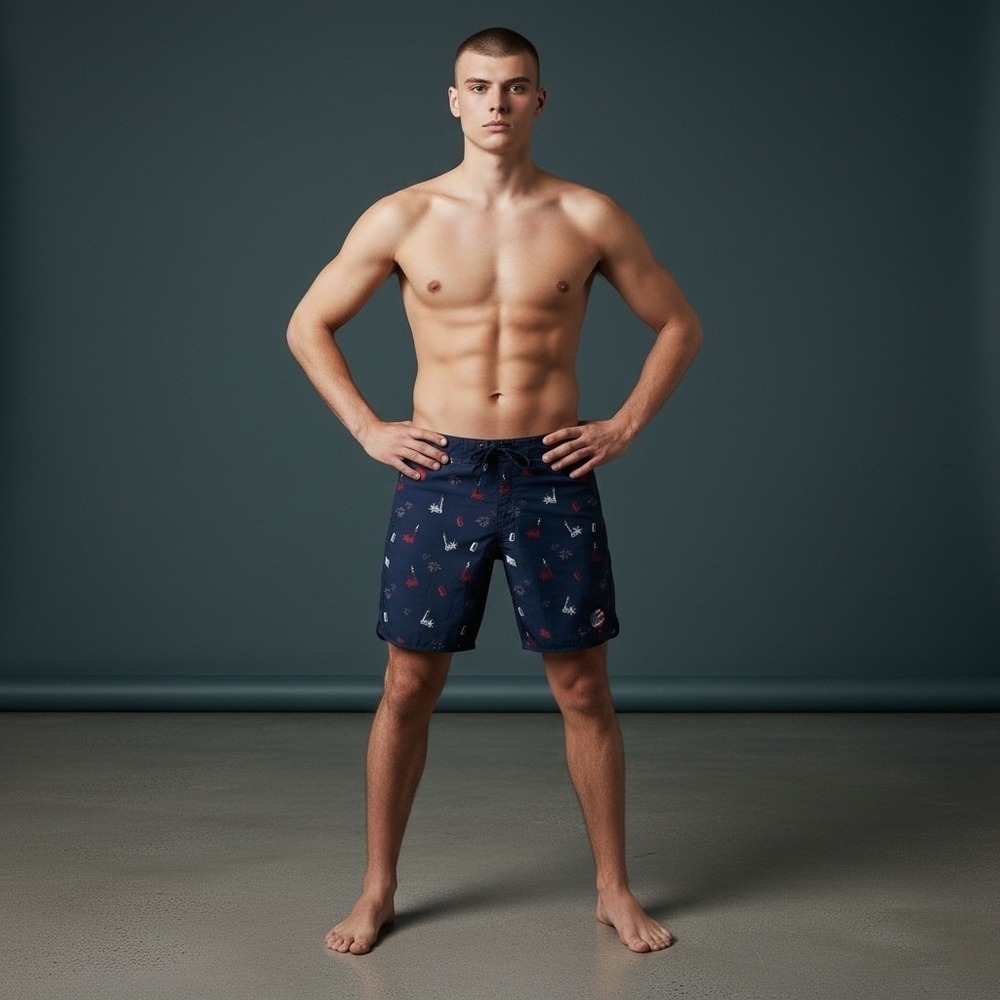 Travis Mathew Mens Swim Trunks Navy Blue Statue of Liberty Fireworks Print Sz 36